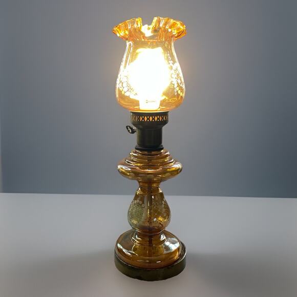 Unmarked Other - Vintage Amber Glass Hurricane Lamp with Ruffled Shade 17.5” Tall Etched Design